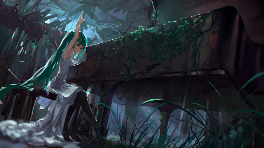 1girl, abandoned, arm_up, blurry, crossed_legs, depth_of_field, determined, dilapidated