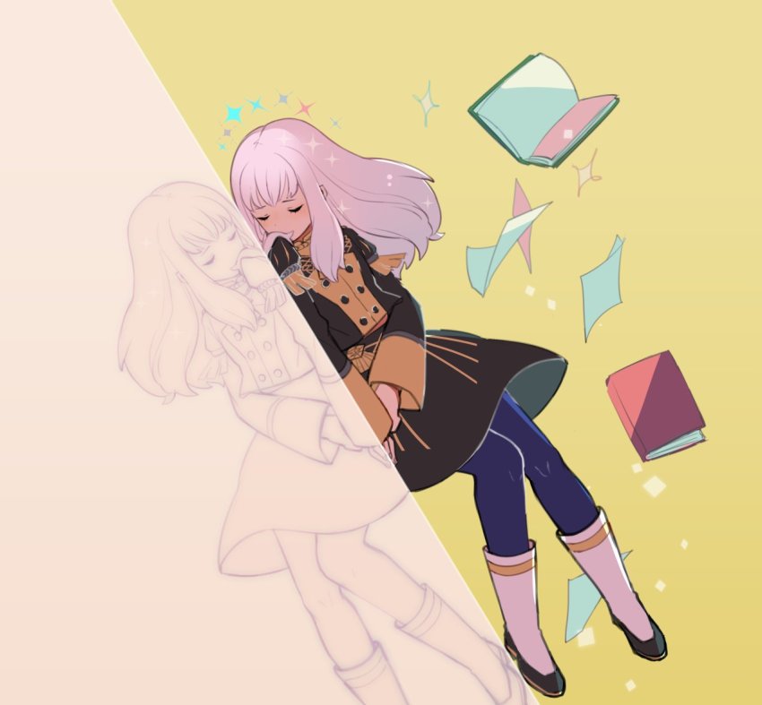 1girl, blue_legwear, book, closed_eyes, fire_emblem, fire_emblem:_three_houses, garreg_mach_monastery_uniform, hzokki, long_hair, long_sleeves, lysithea_von_ordelia, nintendo, open_book, simple_background, solo, white_hair