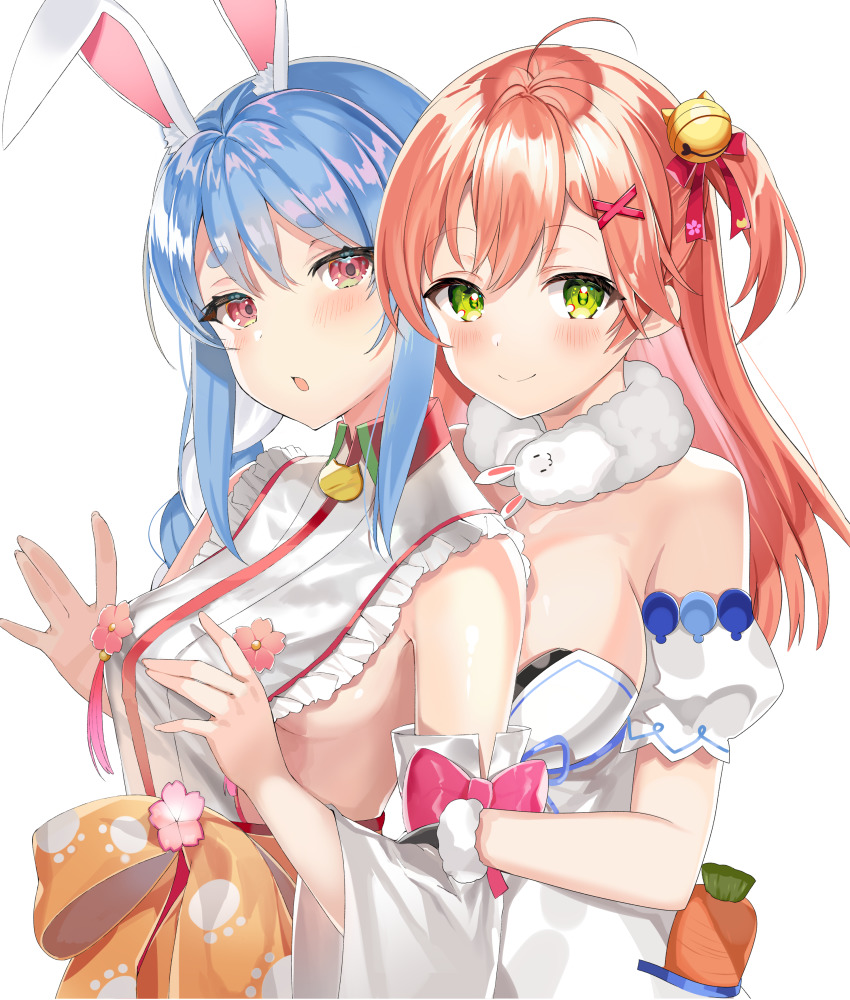 2girls, :o, absurdres, ahoge, animal_ear_fluff, animal_ears, bare_shoulders, bell