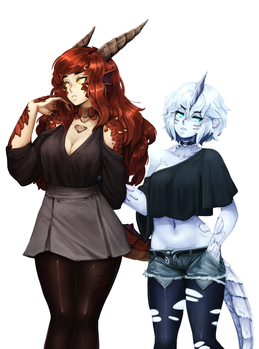 2girls, arm_behind_back, averting_eyes, barbariank, bare_shoulders, belt, black_legwear, blue_eyes, blue_skin, breasts, brown_legwear, choker, cleavage, colored_skin, commentary, contemporary, cowboy_shot, cutoffs, dragon_girl, dragon_tail, english_commentary, fins, furrowed_brow, glowing, glowing_eyes, hand_in_pocket, head_fins, highres, holding_hands, horns, large_breasts, long_hair, looking_at_viewer, looking_away, looking_to_the_side, midriff, monster_girl, multiple_girls, navel, open_belt, original, pantyhose, personification, red_dragon_(d&amp;d), red_hair, scales, short_hair, short_shorts, shorts, silver_hair, single_horn, skirt, slit_pupils, tail, torn_clothes, torn_legwear, transparent_background, wavy_hair, white_dragon_(d&amp;d), yellow_eyes