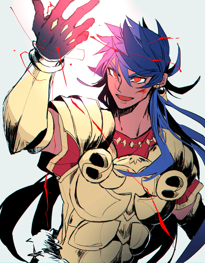 1boy, armor, black_gloves, blood, blood_on_face, bracer, breastplate, dark-skinned_male