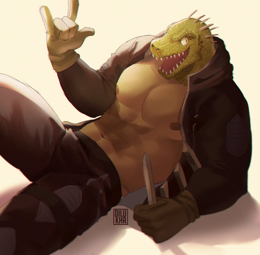 1boy, \\n/, abs, absurdres, bara, bare_pectorals, black_ears, black_jacket
