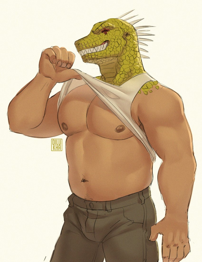 1boy, abs, absurdres, bara, bare_pectorals, belly, bulge, caiman_(dorohedoro), clothes_lift, dilukha_(nyaalgebra), dorohedoro, furry, furry_male, green_scales, grey_pants, highres, large_pectorals, lifting_own_clothes, lizardman, male_focus, muscular, muscular_male, navel, navel_hair, nipples, pants, pectorals, sharp_teeth, shirt_lift, solo, spikes, stomach, tank_top, teeth, thick_thighs, thighs, white_tank_top