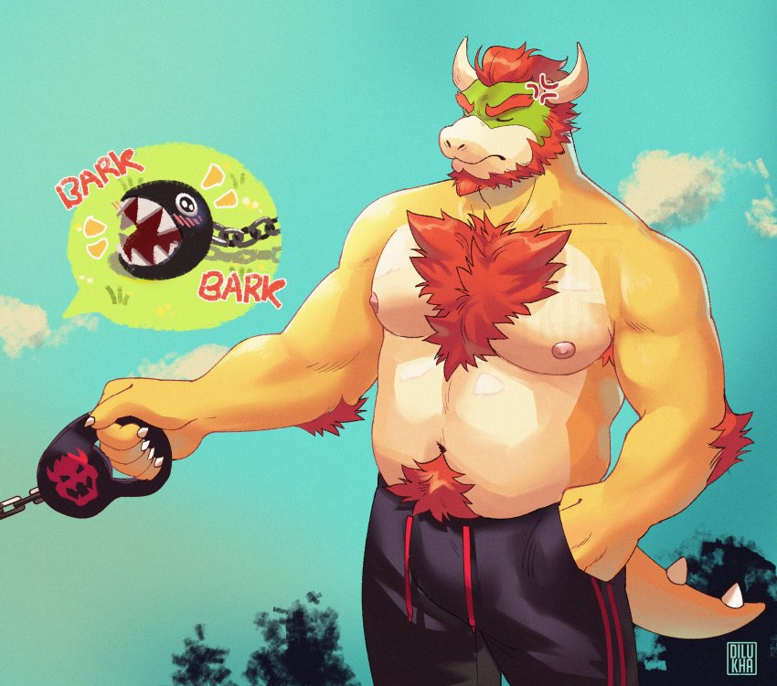 1boy, absurdres, anger_vein, bara, beard, belly, black_pants, bowser, bulge, character_request, chest_hair, cow_horns, cowboy_shot, dilukha_(nyaalgebra), facial_hair, fat, fat_man, furry, furry_male, hairy, highres, horns, large_pectorals, male_focus, mario_(series), muscular, muscular_male, navel, navel_hair, nintendo, nipples, orange_hair, pants, pectorals, topless_male, short_hair, solo, track_pants, yellow_fur