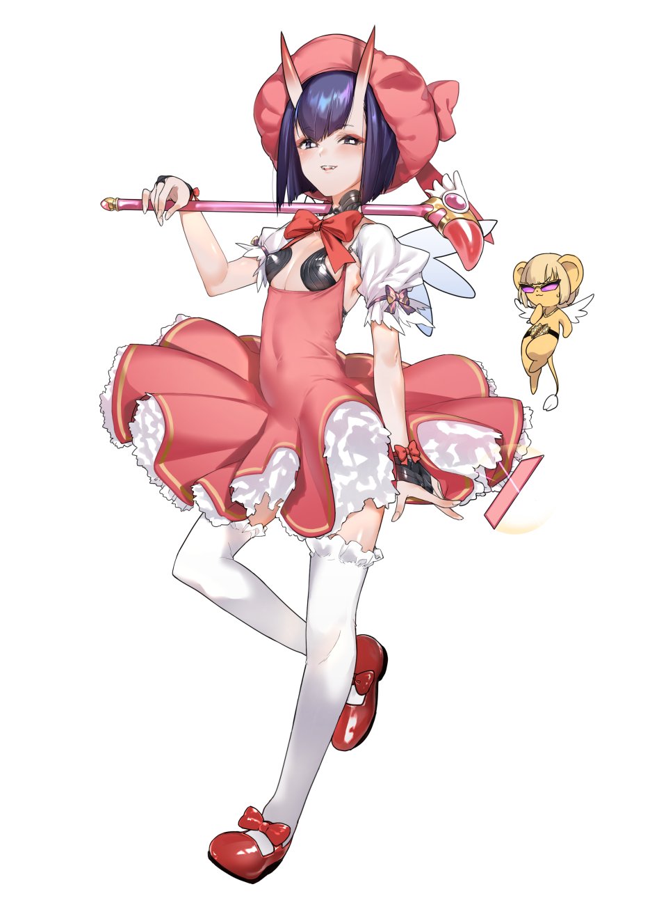 1boy, 1girl, blonde_hair, bob_cut, breasts, cardcaptor_sakura, cosplay, fate/grand_order, fate_(series), fuuin_no_tsue, glove_bow, highres, holding, holding_wand, horns, k52, kero_(cardcaptor_sakura), kero_(cosplay), kinomoto_sakura, kinomoto_sakura_(cosplay), kinomoto_sakura_(magician), looking_at_viewer, magical_girl, mary_janes, pink_headwear, purple_hair, revealing_clothes, sakata_kintoki_(fate), shoes, short_hair, shuten_douji_(fate), skin-covered_horns, small_breasts, smile, sunglasses, thighhighs, wand, wings