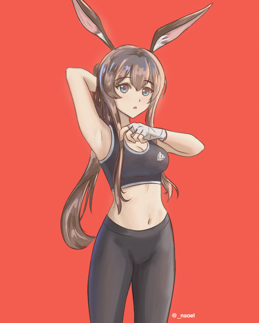 1girl, absurdres, amiya_(arknights), animal_ears, arknights, arm_up, armpits, bare_shoulders