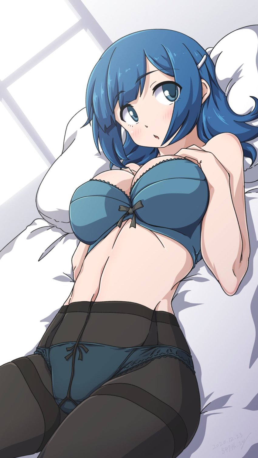1girl, 547th_sy, :o, alternate_hairstyle, bed, bed_sheet, bedroom, black_pantyhose, blue_hair, blush, bra, breasts, green_bra, green_panties, hair_ornament, hairclip, highres, indoors, kantai_collection, large_breasts, looking_at_viewer, lying, medium_hair, navel, official_alternate_costume, on_bed, panties, panties_under_pantyhose, pantyhose, pillow, solo, souryuu_(kancolle), underwear