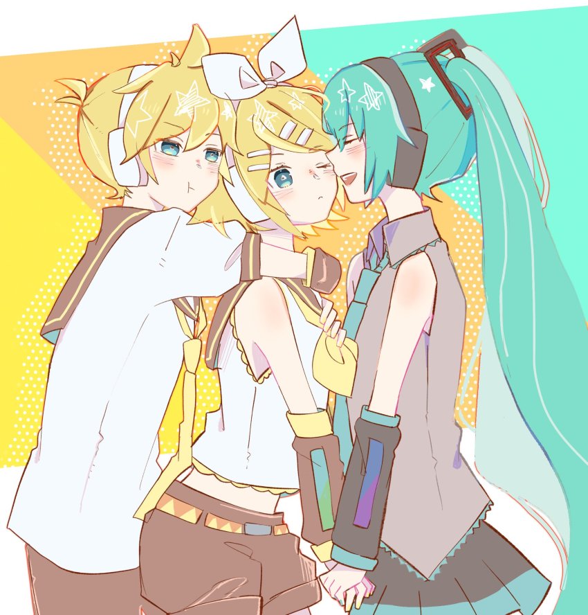 1boy, 2girls, :t, aqua_eyes, aqua_hair, aqua_nails, aqua_necktie, arm_warmers, arms_around_neck, bare_shoulders, belt, black_collar, black_shorts, black_skirt, black_sleeves, blonde_hair, bow, boy_and_girl_sandwich, closed_eyes, collar, commentary, cowboy_shot, crop_top, detached_sleeves, grey_shirt, hair_bow, hair_ornament, hairclip, hatsune_miku, headphones, highres, holding_hands, honey_lemon1227, kagamine_len, kagamine_rin, long_hair, miniskirt, multiple_girls, nail_polish, neckerchief, necktie, one_eye_closed, pleated_skirt, pout, sailor_collar, sandwiched, school_uniform, shirt, short_hair, short_shorts, short_sleeves, shorts, skirt, sleeveless, sleeveless_shirt, smile, spiked_hair, swept_bangs, twintails, very_long_hair, vocaloid, white_bow, white_shirt, yellow_nails, yellow_neckerchief