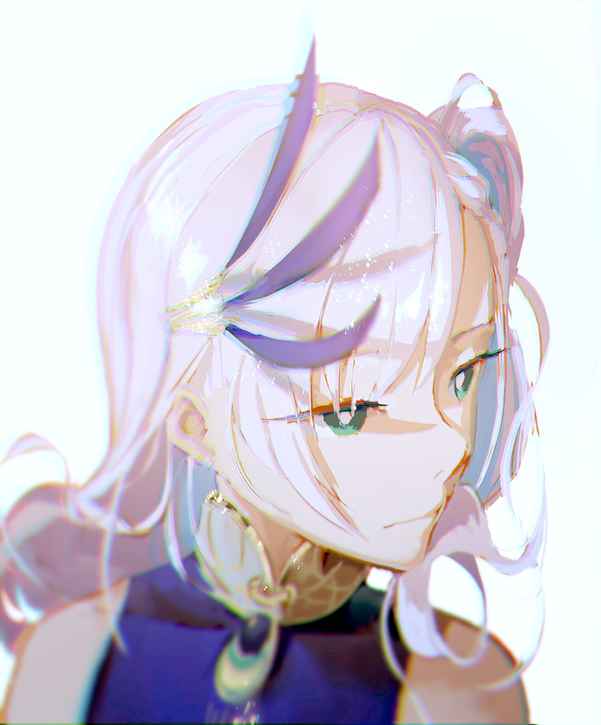 1girl, bright_pupils, chromatic_aberration, close-up, feather_hair_ornament, from_above, green_eyes, hair_behind_ear