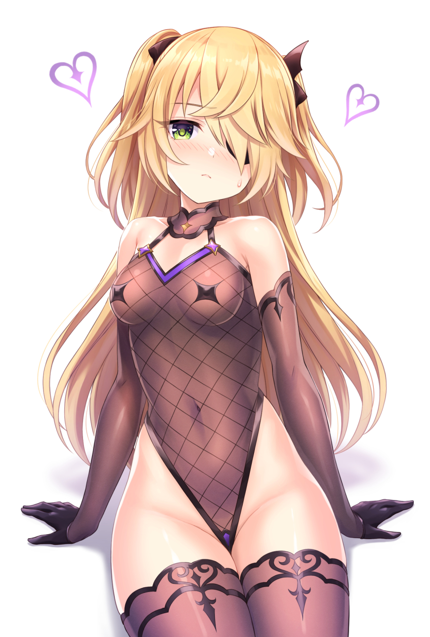 1girl, bare_shoulders, black_gloves, blonde_hair, blush, breasts, brown_leotard, brown_sleeves, brown_thighhighs, closed_mouth, collarbone, commentary_request, covered_navel, detached_sleeves, elbow_gloves, eyepatch, fischl_(genshin_impact), fishnet_leotard, fishnets, genshin_impact, gloves, green_eyes, groin, hair_over_one_eye, heart, highleg, highleg_leotard, highres, leotard, long_hair, long_sleeves, looking_at_viewer, medium_breasts, nose_blush, shadow, simple_background, sitting, solo, sweat, thighhighs, tomo_(tmtm_mf_mf), two_side_up, very_long_hair, white_background