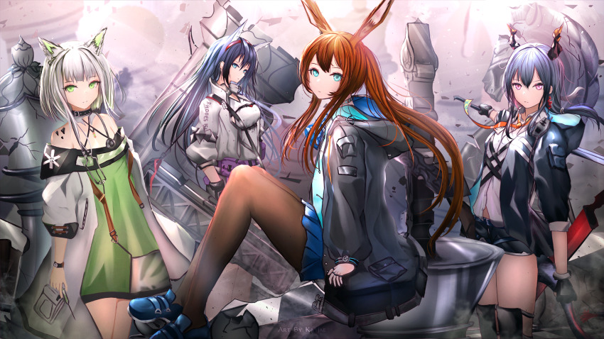 4girls, amiya_(arknights), animal_ears, arknights, bare_shoulders, blaze_(arknights), blouse, blue_eyes