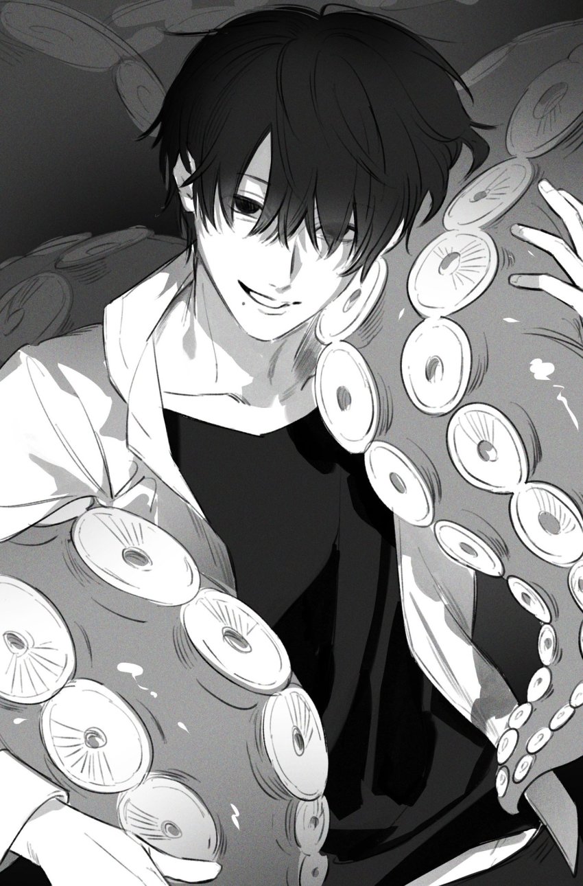 1103sns, 1boy, 1other, animal, black_eyes, black_hair, black_shirt, chainsaw_man