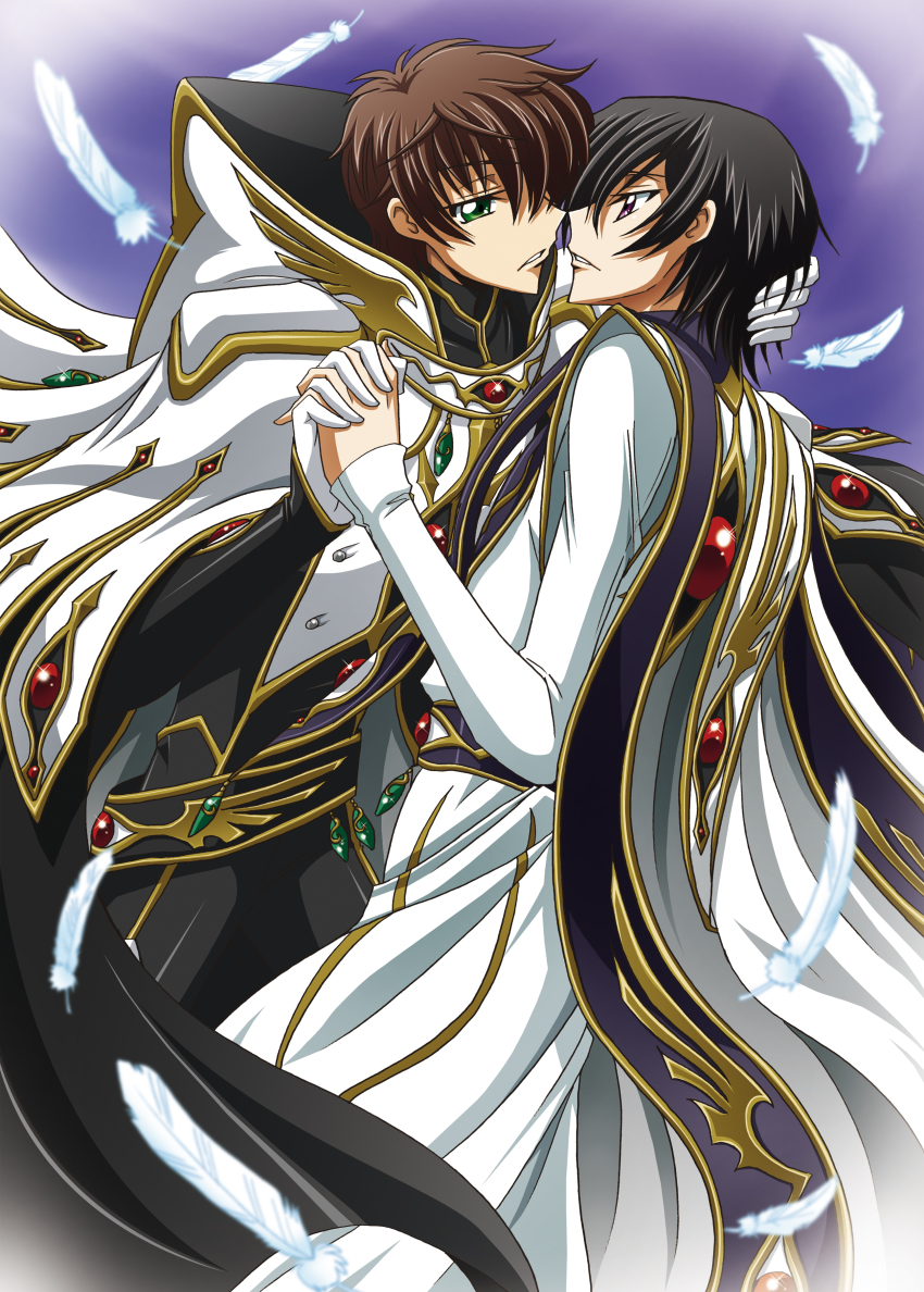 00s, 2boys, absurdres, cape, code_geass, feathers, highres, kururugi_suzaku