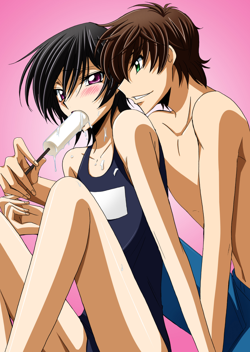 00s, 2boys, absurdres, black_hair, blush, brown_hair, code_geass, crossdressing, crossdressing_(mtf), food, green_eyes, highres, kururugi_suzaku, lelouch_vi_britannia, male_focus, multiple_boys, one-piece_swimsuit, popsicle, purple_eyes, school_swimsuit, sexually_suggestive, swimsuit, trap, tsunoda_uei, yaoi