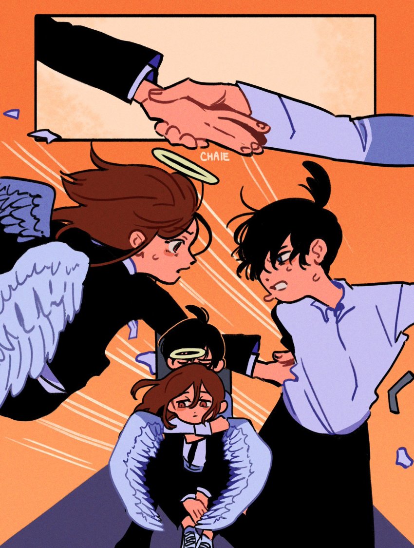 2boys, angel_devil_(chainsaw_man), angel_wings, black_hair, black_jacket, black_pants, black_suit, blue_eyes, brown_eyes, brown_hair, chaie, chainsaw_man, collared_shirt, formal_clothes, hair_tied, hair_tied_up, halo, hayakawa_aki, highres, hand_grab, hug, hug_from_behind, jacket, long_hair, long_sleeves, medium_hair, multiple_boys, necktie, pants, shirt, three-quarter_sleeves, suit, watermark, white_shirt, wings