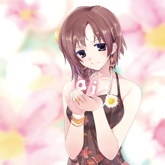 1girl, bare_shoulders, belt, blue_eyes, bracelet, braid, brown_hair, dress