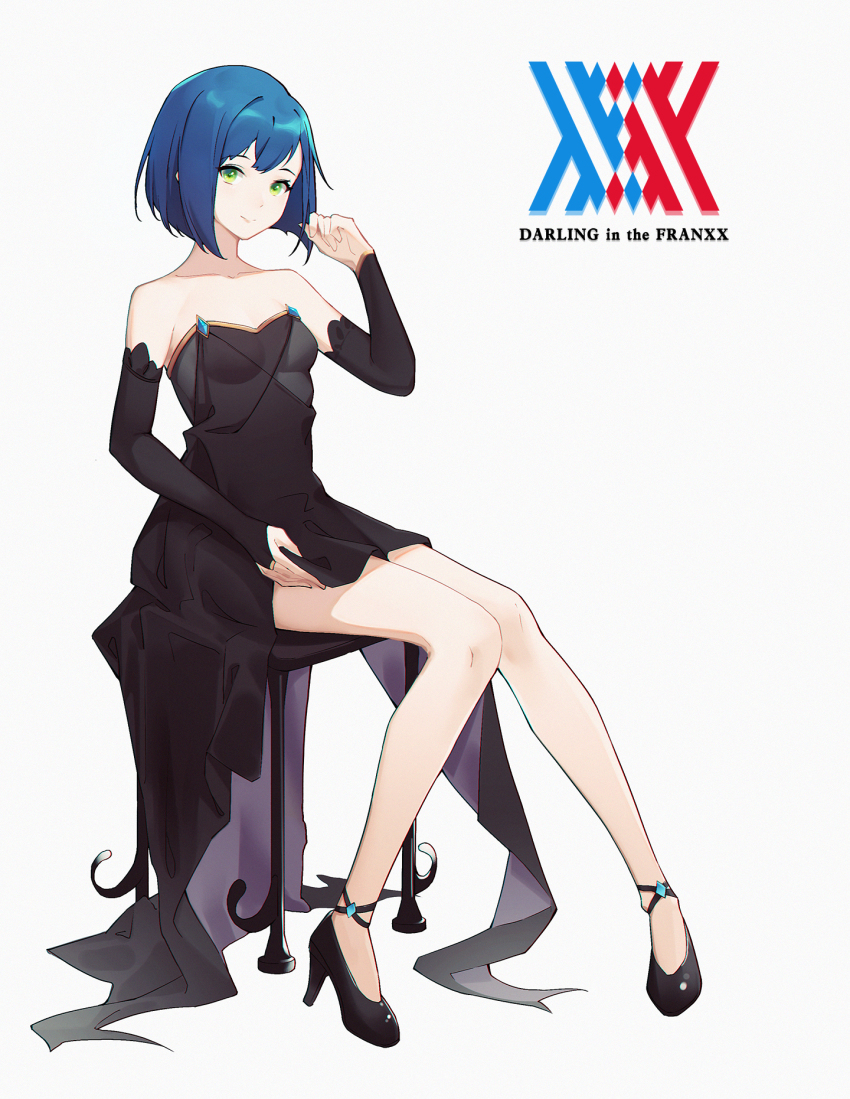 1girl, black_dress, black_footwear, black_sleeves, blue_hair, breasts, closed_mouth, copyright_name