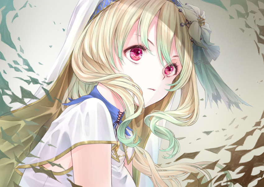 1girl, blonde_hair, capelet, closed_mouth, floating_hair, flower, gradient_hair, green_hair