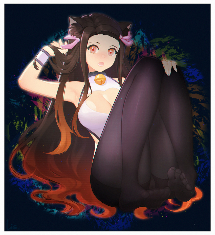 1girl, animal_ears, armpits, bell, black_pantyhose, border, breasts, brown_hair, cat_ears, cat_girl, cleavage_cutout, clothing_cutout, collar, fang, full_body, gradient_hair, hair_ribbon, hand_in_own_hair, hand_on_own_knee, heart_cutout, highres, kamado_nezuko, kemonomimi_mode, kimetsu_no_yaiba, large_breasts, lis_zhu_long, long_hair, looking_at_viewer, multicolored_hair, neck_bell, open_mouth, panties, panties_under_pantyhose, pantyhose, pink_eyes, pink_ribbon, red_hair, ribbon, solo, underwear, very_long_hair, white_border, wristband