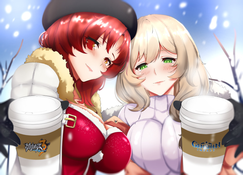 2girls, alternate_costume, beret, black_gloves, blush, breasts, brown_hair, commentary, copyright_name, cup, disposable_coffee_cup, disposable_cup, english_commentary, eyes_visible_through_hair, genshin_impact, gloves, green_eyes, hat, highres, honkai_(series), honkai_impact_3rd, large_breasts, lion_space, lisa_(genshin_impact), mihoyo, multiple_girls, murata_himeko, murata_himeko_(holy_rose), murata_himeko_(valkyrie_triumph), red_hair, snow, snowing, sweater, tanaka_rie, tree, voice_actor_connection, white_sweater, yellow_eyes