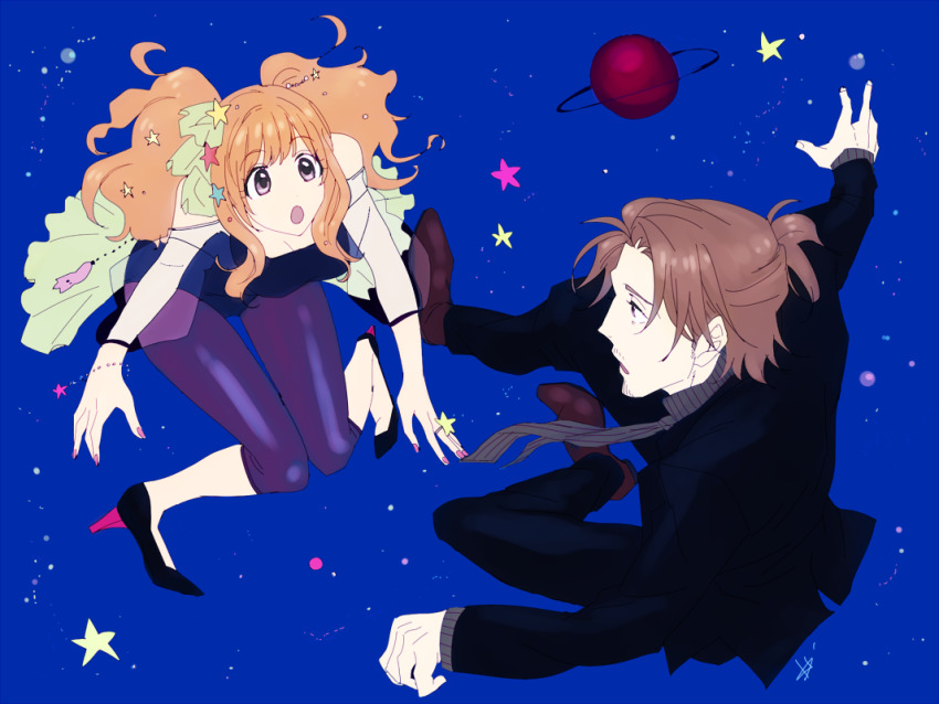 1boy, 1girl, brown_eyes, brown_hair, byon, formal_clothes, half_updo, high_heels