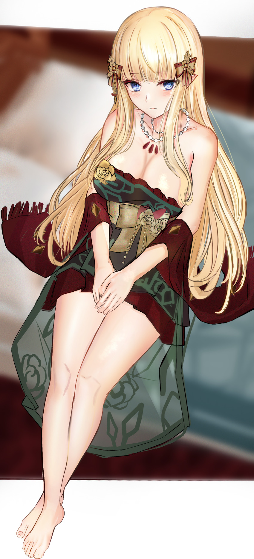 1girl, absurdres, bare_shoulders, blonde_hair, blue_eyes, blush, bow, breasts