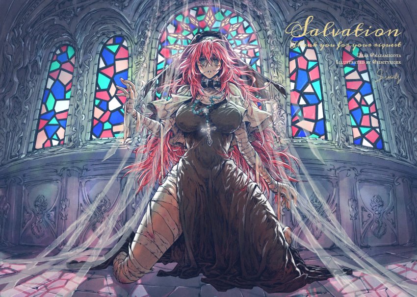 1girl, @_@, bags_under_eyes, bandaged_arm, bandaged_leg, bandages, bead_necklace, beads, belt_collar, black_dress, blue_eyes, breasts, capelet, catholic, church, collar, commentary_request, commission, cross, cross_necklace, dress, empty_eyes, english_text, full_body, habit, hair_between_eyes, highres, indoors, jewelry, kneeling, large_breasts, long_hair, messy_hair, necklace, nun, nun_headdress, original, parted_lips, pink-haired_nun_(404notfound), pink_hair, simty_(lemon_ginger), skeb_commission, solo, stained_glass, white_capelet