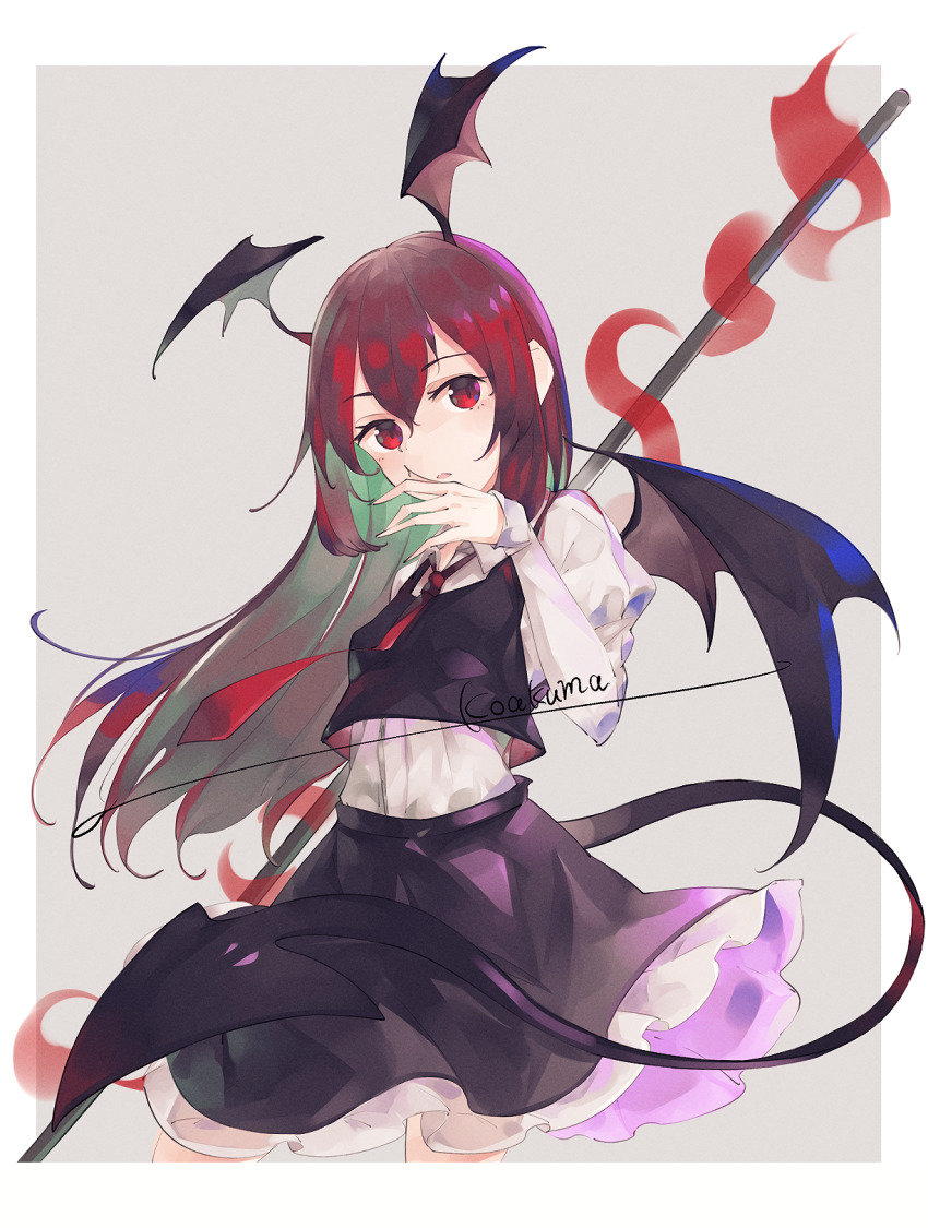 1girl, :o, bat_wings, black_skirt, black_vest, blue_background, border, character_name
