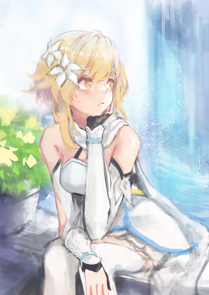 1girl, bare_shoulders, blonde_hair, breasts, bush, closed_mouth, detached_sleeves, dress