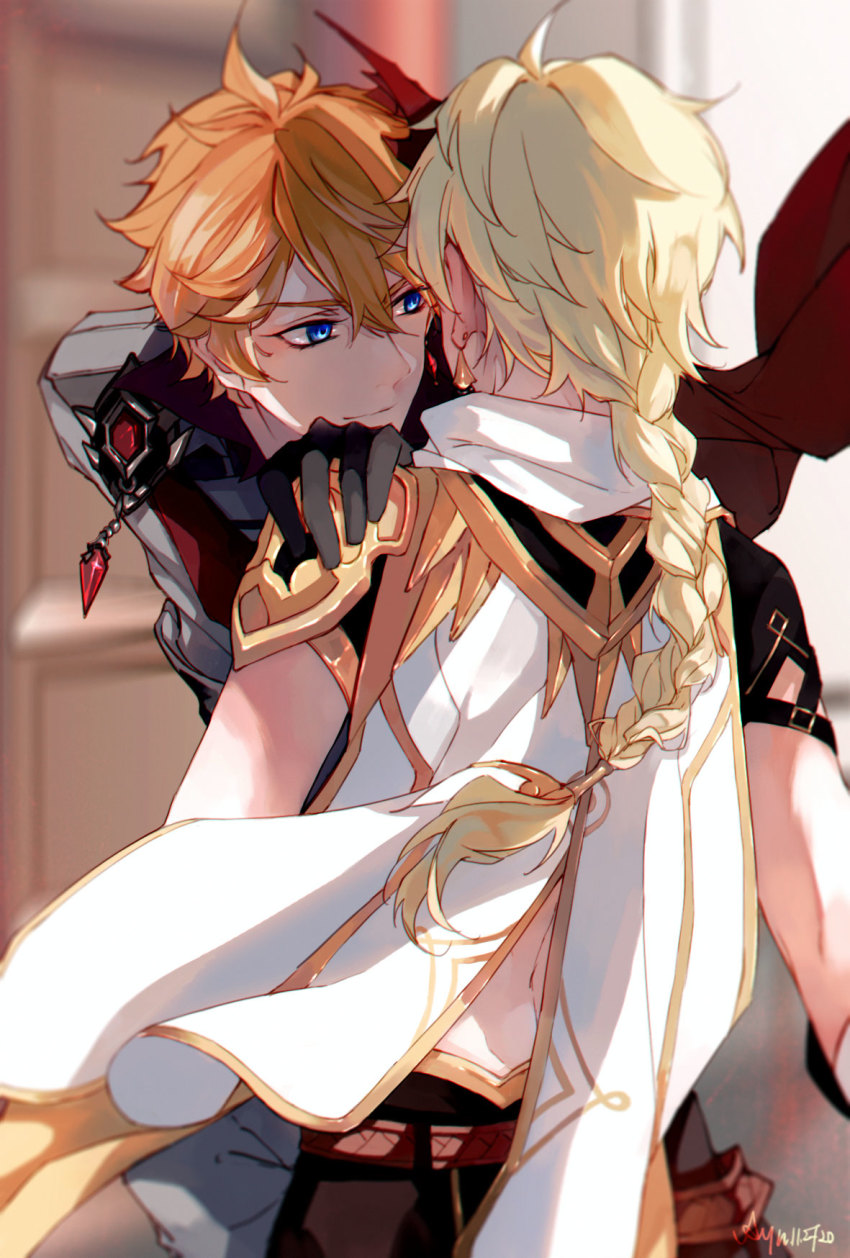 2boys, aether_(genshin_impact), ahoge, belt, blonde_hair, blue_eyes, cape, door