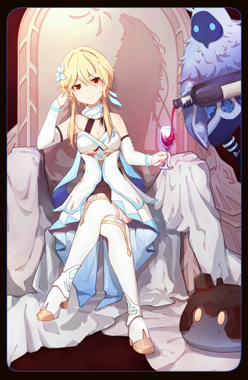 1girl, 2others, alcohol, bare_shoulders, blonde_hair, bottle, breasts, cicin_mage_(genshin_impact), cleavage, crossed_legs, cryo_cicin_mage_(genshin_impact), cup, detached_sleeves, dress, drinking_glass, flower, frown, genshin_impact, geo_slime_(genshin_impact), hair_flower, hair_ornament, hand_on_own_head, highres, holding, holding_cup, lumine_(genshin_impact), medium_breasts, multiple_others, on_throne, pixiv_user_(80808351), pouring, red_eyes, slime_(genshin_impact), thighhighs, throne, white_dress, white_thighhighs, wine, wine_bottle, wine_glass