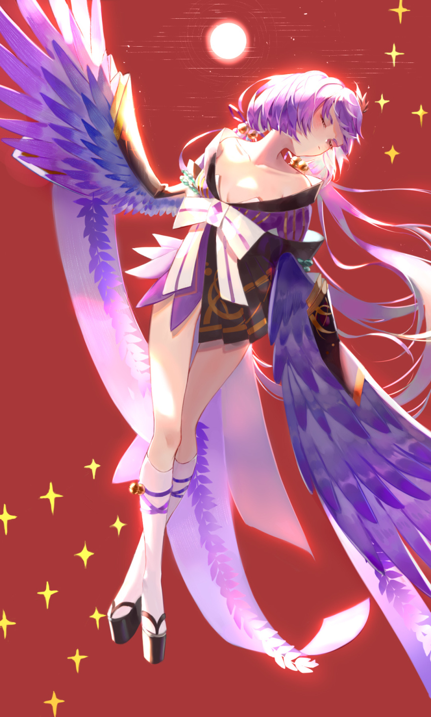 1girl, breasts, cleavage, dr4v3n, closed_eyes, feathered_wings, feathers, hair_ornament
