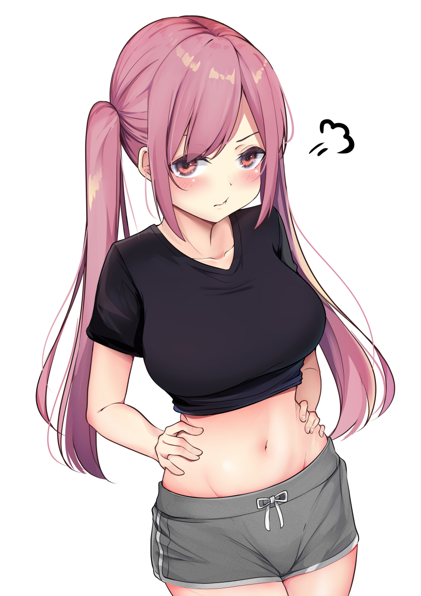 1girl, puff_of_air, absurdres, black_shirt, blush, breasts, cameltoe, closed_mouth