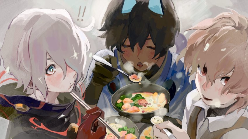 !, 3boys, arjuna_(fate), arjuna_alter_(fate), black_hair, black_jacket, black_vest, blowing, blowing_on_food, blue_eyes, blush, brown_hair, chopsticks, commentary, dark-skinned_male, dark_skin, eating, closed_eyes, fate/grand_order, fate_(series), food, hair_over_one_eye, highres, holding, holding_chopsticks, holding_spoon, jacket, karna_(fate), karna_(santa)_(fate), long_sleeves, multiple_boys, noodles, open_mouth, ramen, red_eyes, shirt, sieg_(fate), smile, soup, sparkling_eyes, spoon, vest, white_hair, white_shirt, windykown