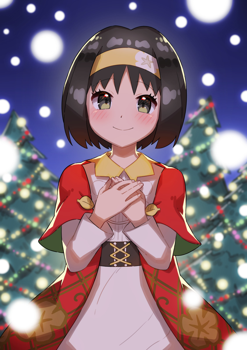 1girl, absurdres, black_hair, blush, christmas, christmas_tree, closed_mouth, collared_dress