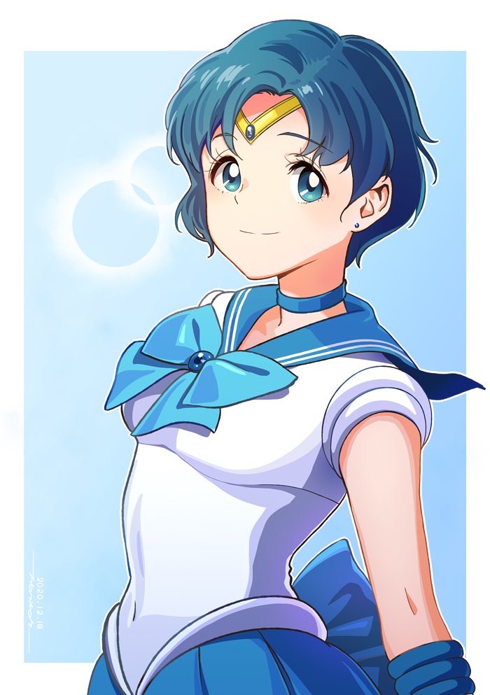 1girl, bishoujo_senshi_sailor_moon, blue_background, blue_bow, blue_bowtie, blue_choker, blue_eyes, blue_hair, blue_skirt, bow, bowtie, choker, circlet, closed_mouth, covered_navel, earrings, green_eyes, horikou, jewelry, looi_lan, looking_at_viewer, mizuno_ami, pleated_skirt, sailor_mercury, shirt, short_hair, short_sleeves, skirt, smile, solo, white_shirt, wristband