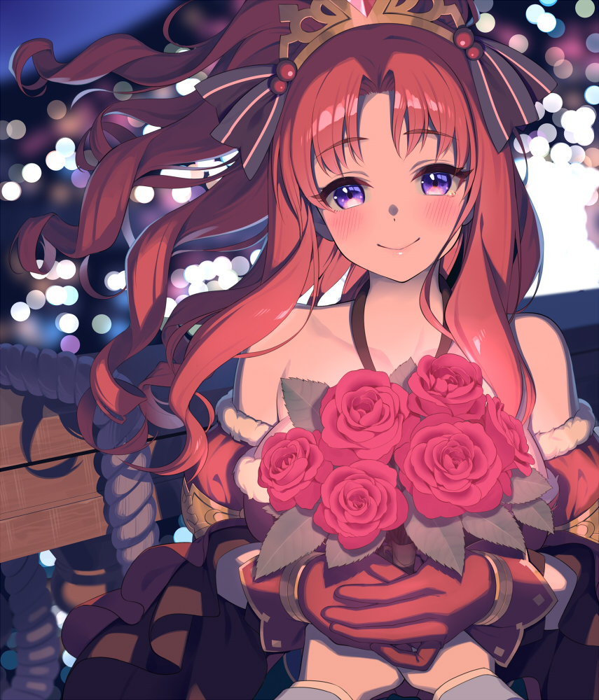 1girl, akino_(christmas)_(princess_connect!), akino_(princess_connect!), bare_shoulders, blush, bouquet, breasts, closed_mouth