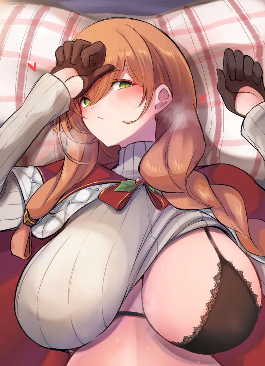 10eki_(tenchou), 1girl, absurdres, black_bra, black_gloves, blush, bra, braid, breasts, brown_hair, cape, clothes_lift, girls'_frontline, gloves, green_eyes, grey_sweater, highres, huge_breasts, long_hair, long_sleeves, looking_at_viewer, lying, official_alternate_costume, on_back, one_breast_out, pillow, ribbed_sweater, solo, springfield_(girls'_frontline), springfield_(o_holy_night)_(girls'_frontline), sweater, sweater_lift, underwear, upper_body