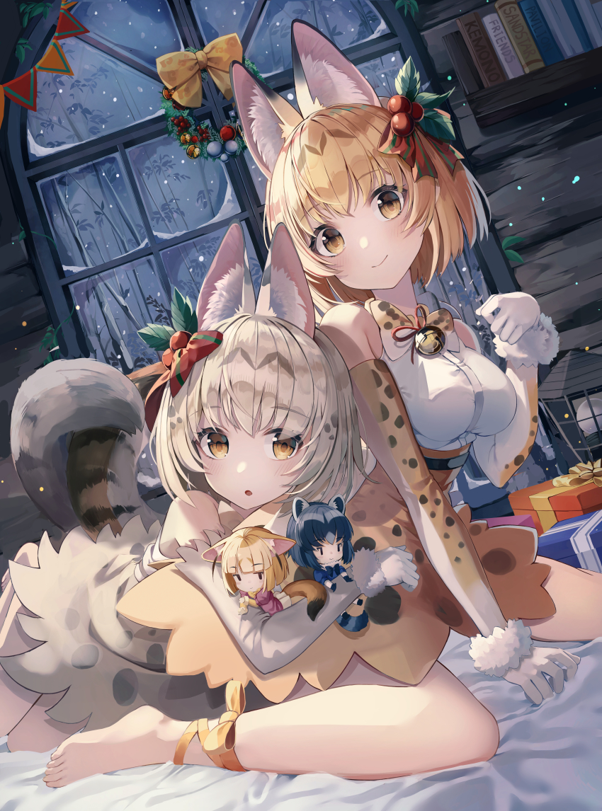 4girls, :o, absurdres, animal_ears, animal_ears_(norankkori), animal_print, between_legs, blonde_hair