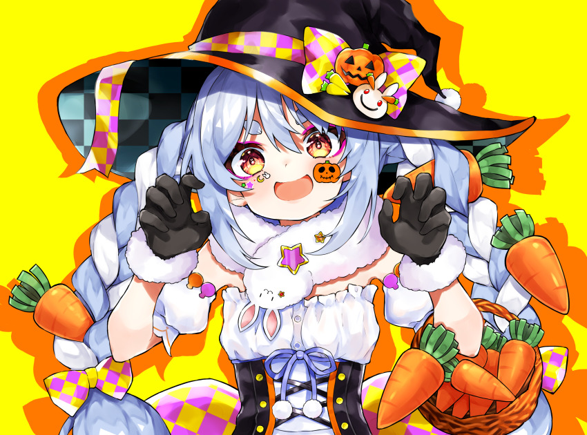 1girl, absurdres, agata_(yfw1110), basket, blue_hair, bow, braid, carrot