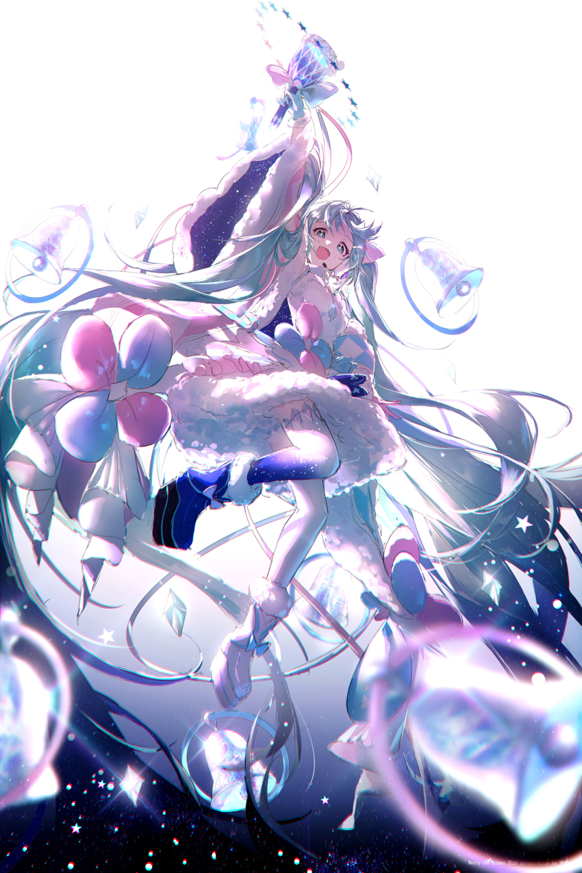absurdly_long_hair, asymmetrical_legwear, backlighting, bell, blue_eyes, blue_hair, blue_thighhighs, blurry