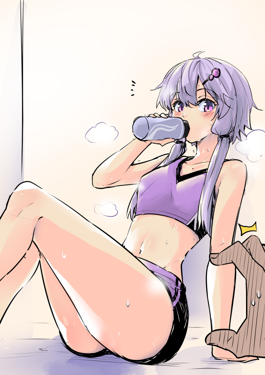 1girl, ^^^, arm_support, blush, bottle, commentary, drinking, hair_ornament