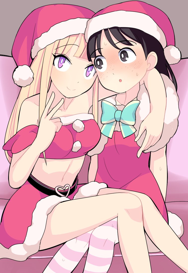 2girls, :o, alternate_hairstyle, arm_around_neck, bare_shoulders, belt, black_background, black_eyes