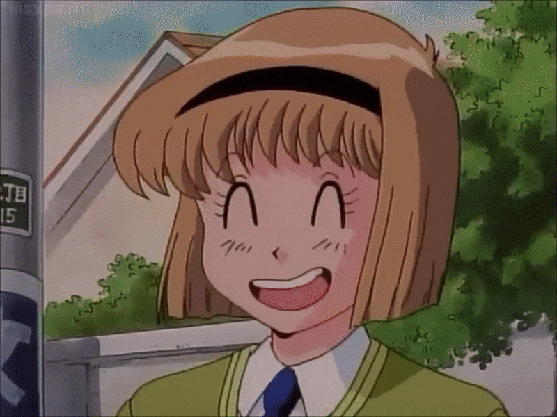 1990s_(style), 1girl, ^_^, animated, animated_gif, anime_screenshot, blue_necktie, bouncing_breasts, breasts, closed_eyes, collared_shirt, day, grabbing_own_breast, green_sweater, hairband, hosokawa_miki, jigoku_sensei_nube, large_breasts, light_brown_hair, medium_breasts, necktie, outdoors, retro_artstyle, shirt, short_hair, smile, sweater, tagme, upper_body, white_shirt