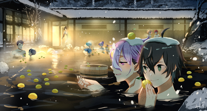 6+boys, ahoge, architecture, azuki_nagamitsu_(touken_ranbu), bathing, black_hair, blue_eyes, blue_hair