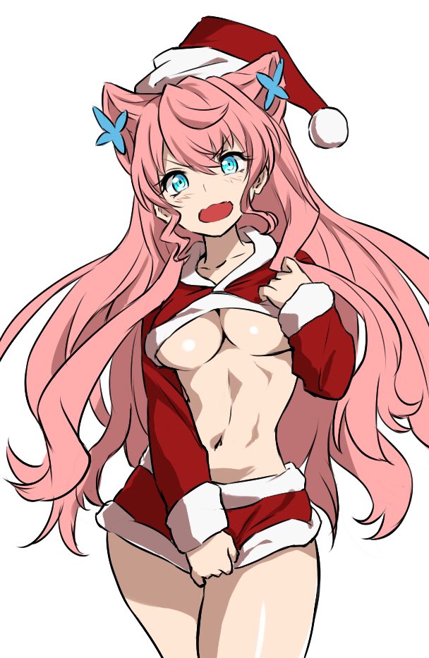 1girl, blue_eyes, blush, breasts, christmas, chupirinko, cleavage, commentary