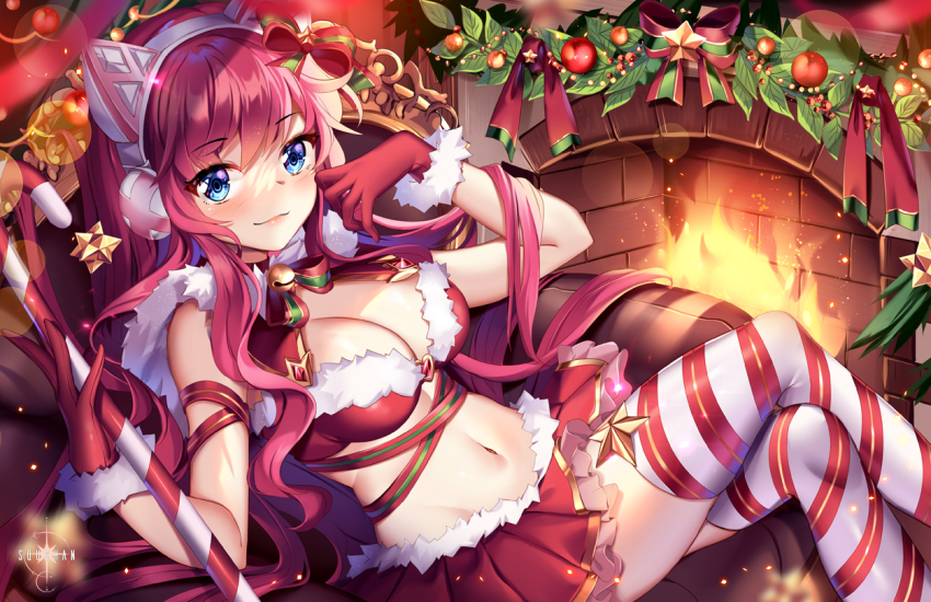 1girl, animal_ear_headphones, animal_ears, armchair, bikini, blue_eyes, breasts, candy, candy_cane, cat_ear_headphones, cat_ears, chair, christmas, cleavage, closed_mouth, commentary, diagonal-striped_legwear, english_commentary, fake_animal_ears, fireplace, food, frilled_skirt, frills, fur-trimmed_gloves, fur-trimmed_skirt, fur_trim, gloves, hair_between_eyes, headphones, indoors, large_breasts, looking_at_viewer, navel, on_chair, original, pleated_skirt, red_gloves, red_hair, red_skirt, santa_bikini, santa_costume, skirt, smile, solo, squchan, star_(symbol), swimsuit, thighhighs