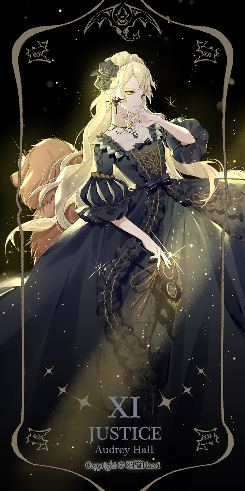 1girl, animal, audrey_hall, black_dress, blonde_hair, brown_dog, card_(medium), dog, dragon_print, dress, earrings, flower, from_behind, gem, golden_retriever, green_eyes, green_gem, hair_flower, hair_ornament, highres, holding, holding_mask, jewelry, justice_(tarot), long_hair, looking_at_viewer, lord_of_the_mysteries, mask, necklace, numbered, puffy_short_sleeves, puffy_sleeves, roman_numeral, rose, short_sleeves, signature, smile, solo, star_(symbol), susie_(lord_of_the_mysteries), tarot, tarot_(medium), yuzhi