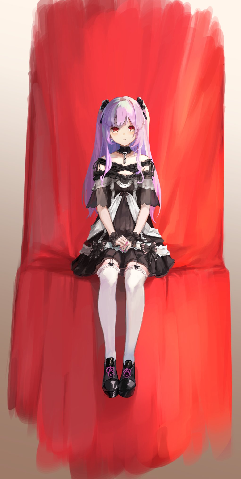 1girl, black_dress, black_footwear, brown_hair, dress, eyebrows_hidden_by_hair, gothic_lolita, highres