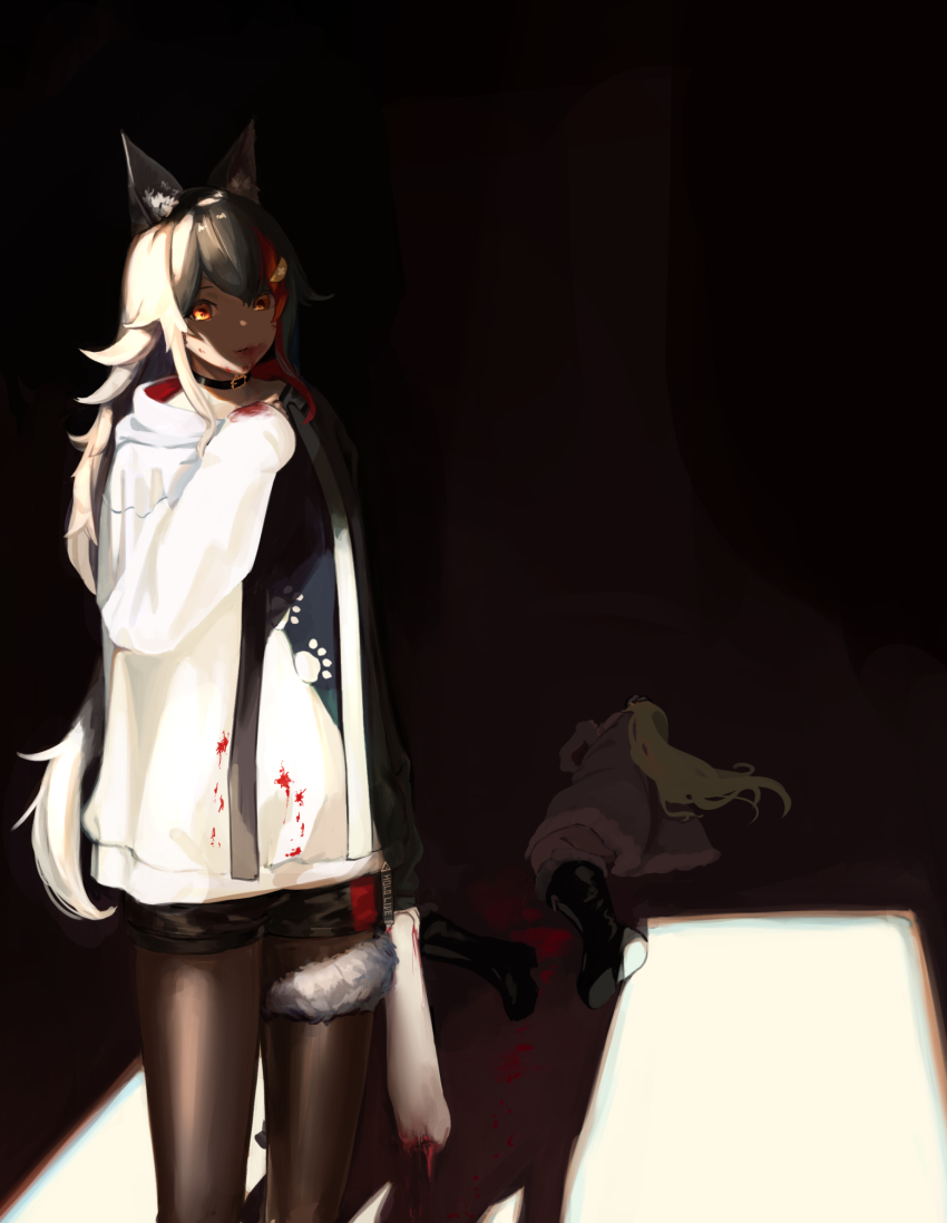 2girls, animal_ears, black_footwear, black_hair, black_hoodie, blonde_hair, blood, blood_on_face